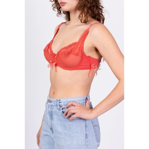Vintage Aubade Paris Lace &‎ Mesh Bra 36C | Y2k Boho Sheer Coral French Lingerie - Picture 3 of 7